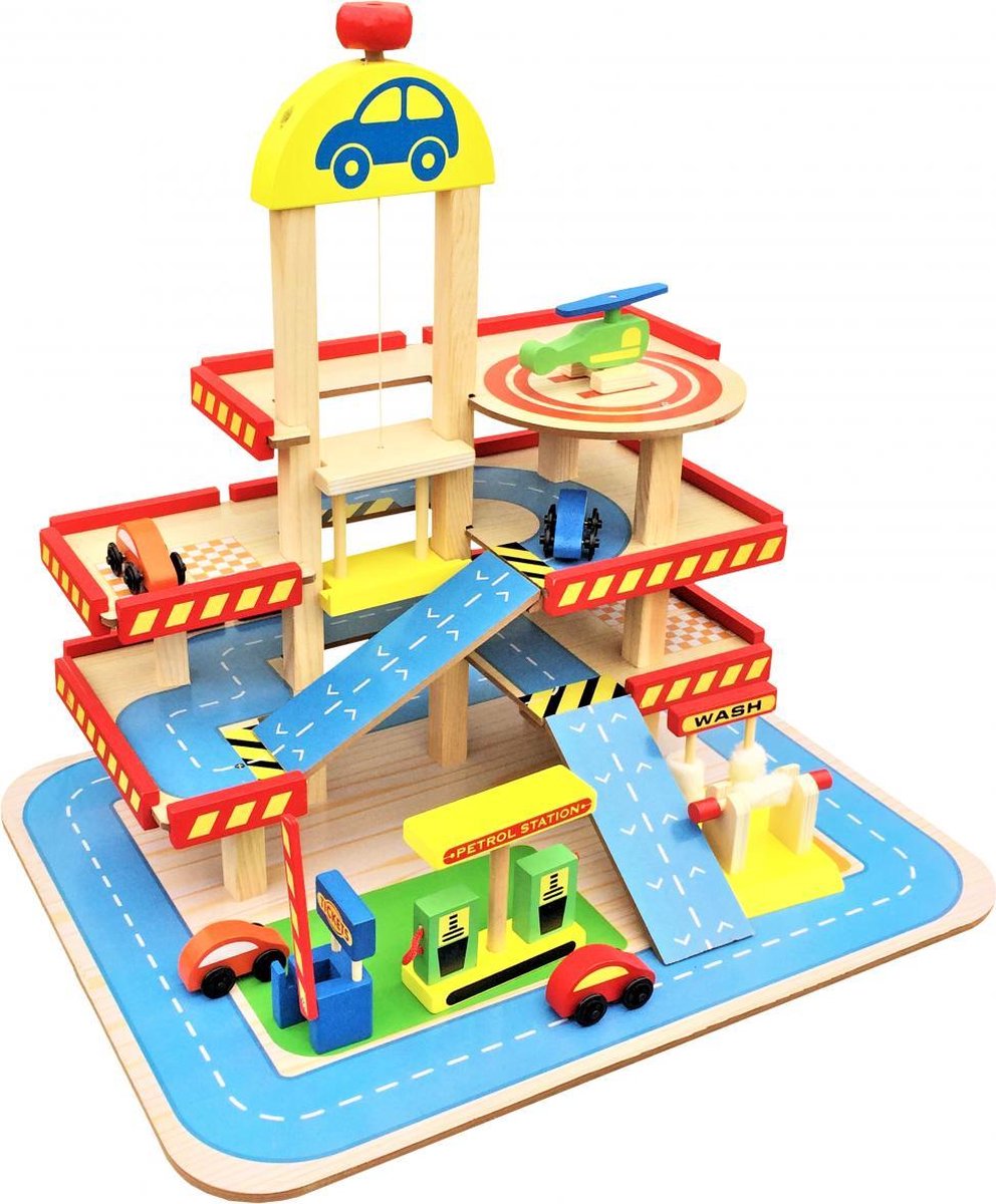Mamabrum Houten Speelgoed Garage - Met Lift - Hout Parkeergarage - Set met auto's en wasstraat