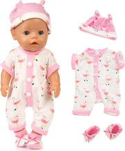 Poppenkleertjes - geschikt voor Baby Born - pyjama - flamingo - roze - met muts en slofjes - slaapkleding - nachtkleding