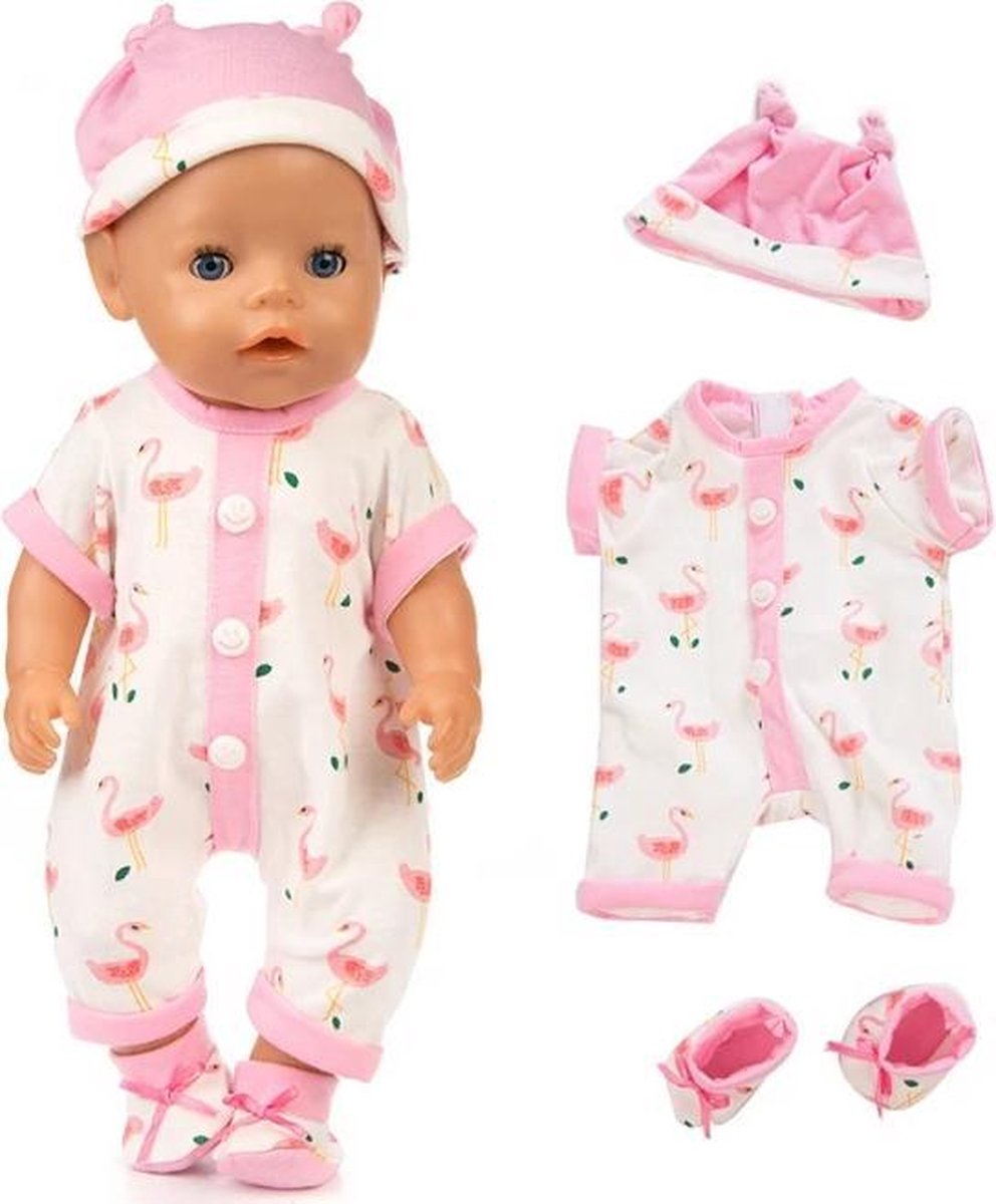 Poppenkleertjes - geschikt voor Baby Born - pyjama - flamingo - roze - met muts en slofjes - slaapkleding - nachtkleding