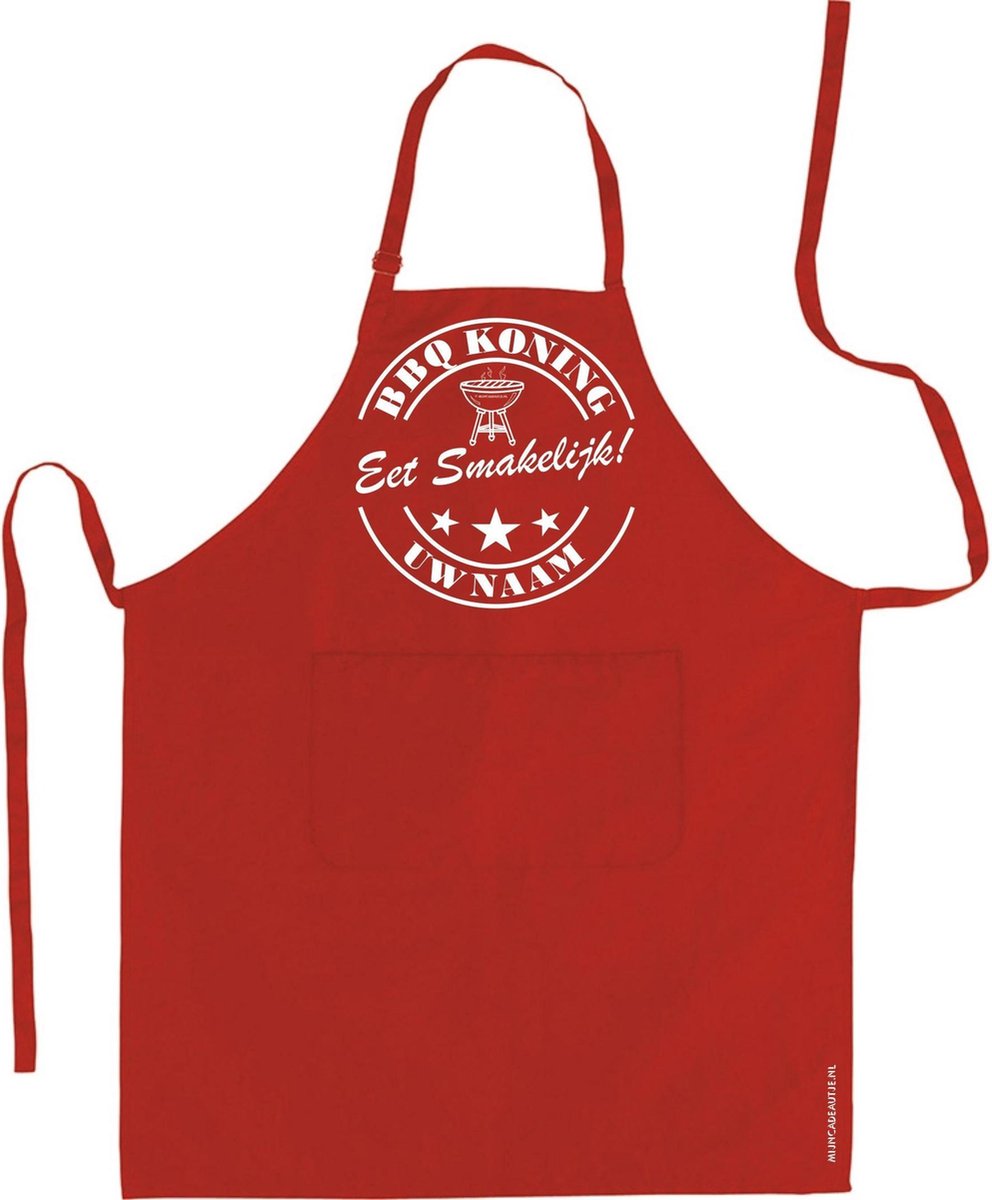 Mijncadeautje Schort - BBQ Koning - met voornaam - eet smakelijk - mooie en exclusieve keukenschort - rood
