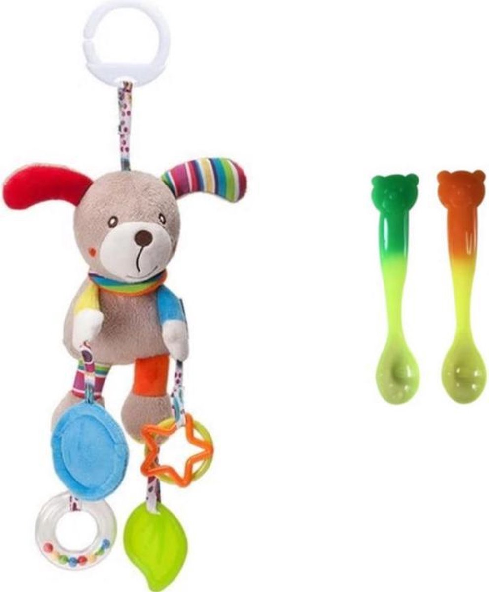 Zachte pluche knuffel in de vorm van een Hond (inclusief 2 warmtegevoelige babylepels cadeau!) - Bijtring - Baby speelgoed - Kraamcadeau - Ontwikkeling voor de baby - Baby knuffel