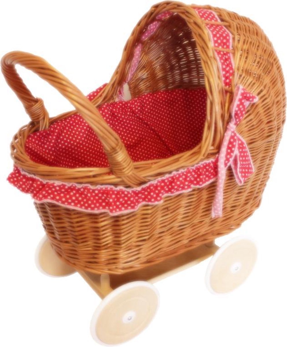 Rieten poppenwagen - rood met witte stippen