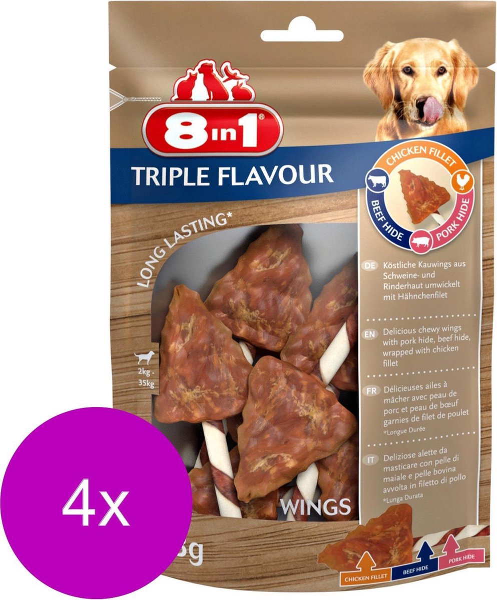 8in1 Delights Wings Triple Flavour - Hondensnacks - 4 x Kip Varken Rund 113 g 6 stuks