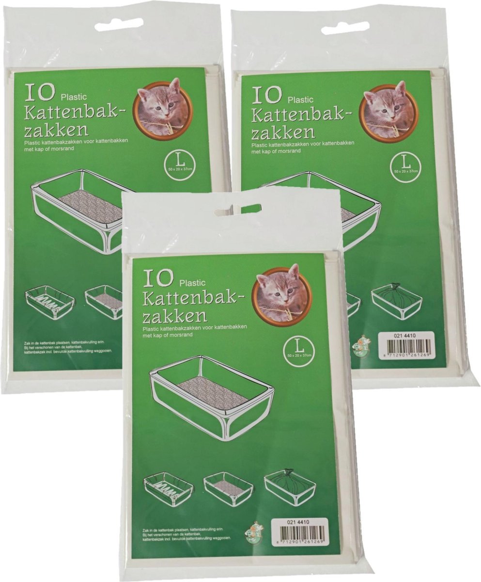 30x stuks plastic kattenbak afvalzakken wit 50 x 20 x 37 cm - Kattenbakzakken