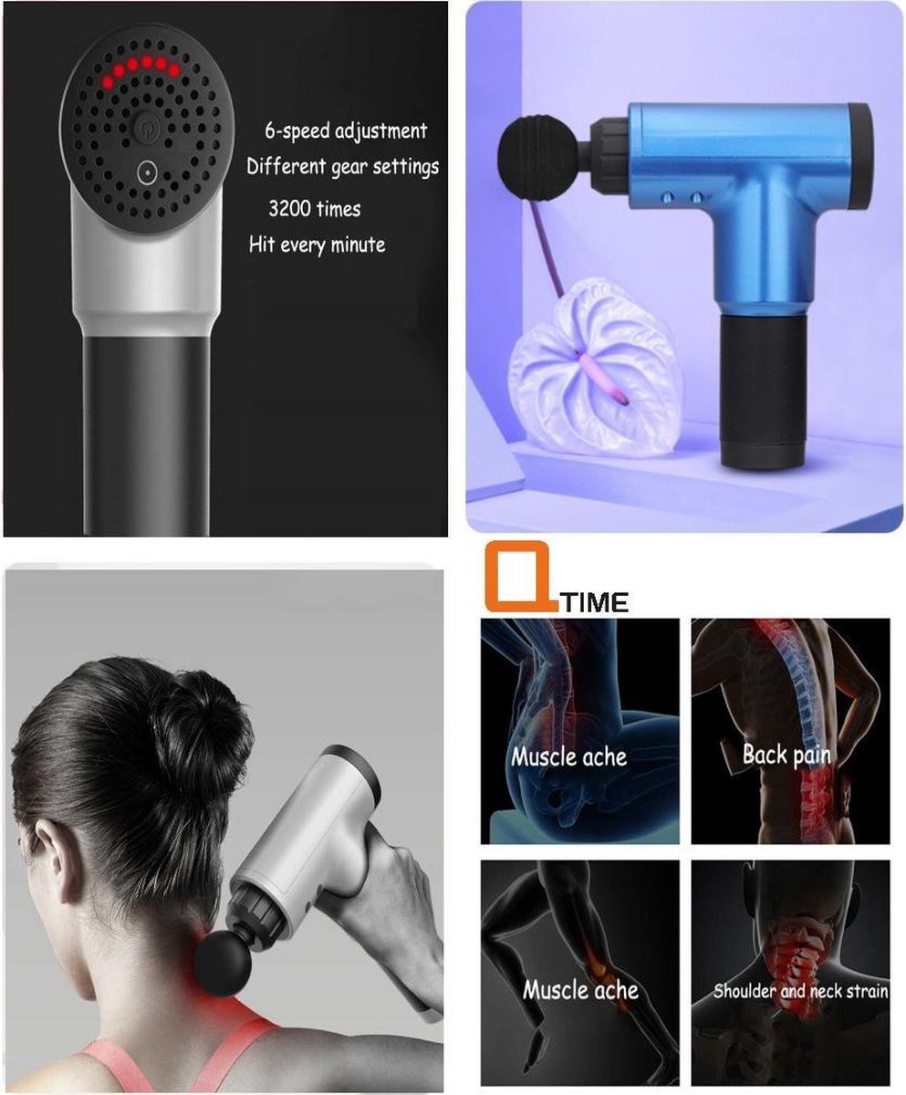 Q-time - Massage Gun - Professionele Sport Massage - Rug Massage - Nek Massage - Massage Apparaat - Spier Massage - Stress Massage - Triggerpoint - Spierherstel & Spierontspanning - Blauw
