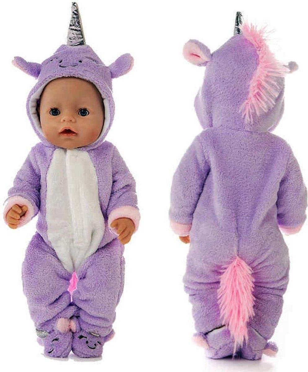 Dolldreams - Poppenkleding pop 43CM - Paarse Eenhoorn onesie van pluche - Past op Baby born