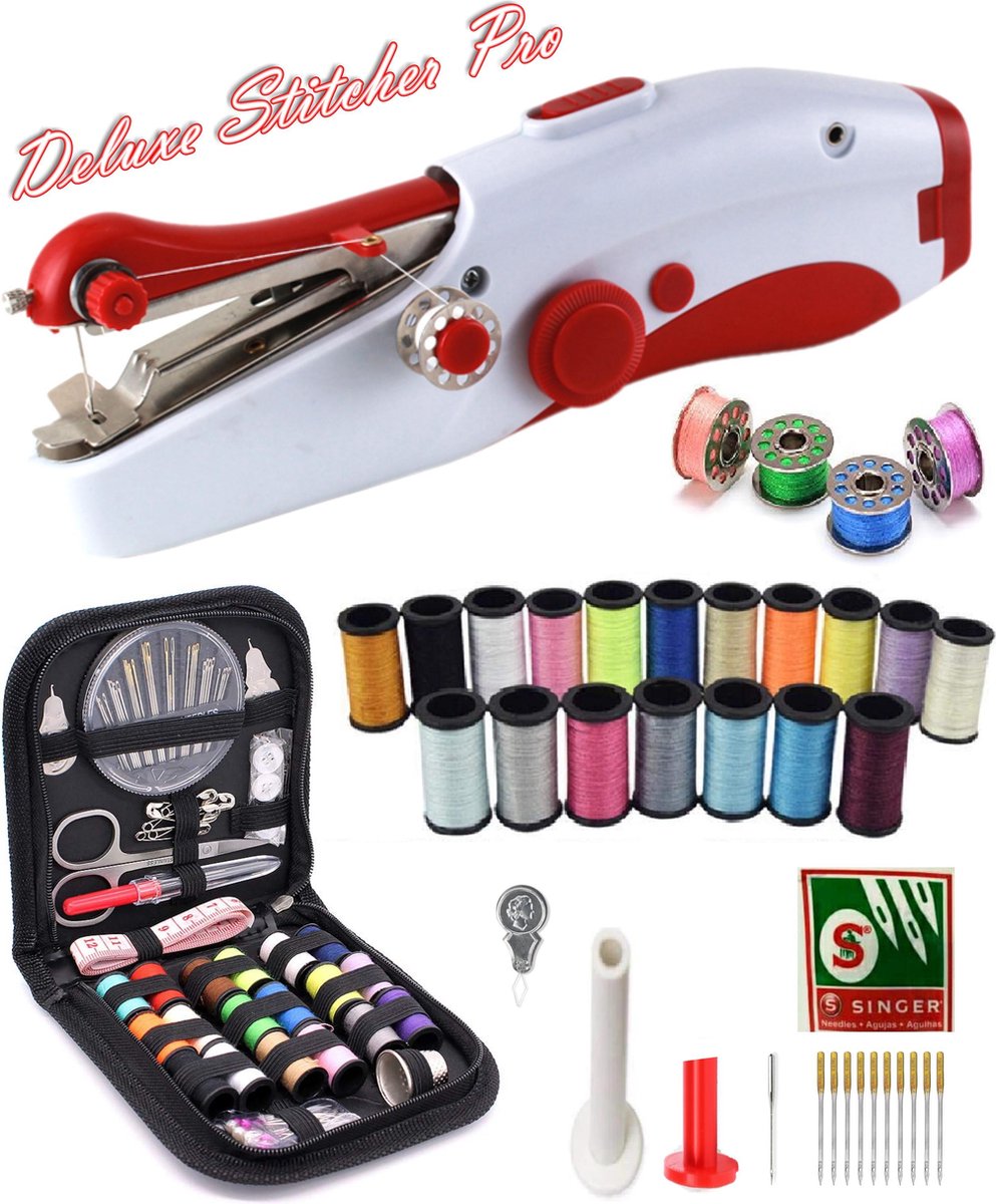Deluxe Stitcher Pro - PREMIUM Handnaaimachine met 90 Delige Starterskit - Incl 11 extra reserve naalden - Mini naaimachine - Compact - Draadloos - Draagbare Reis Hand Naaimachine - Elektrisch of op Batterijen