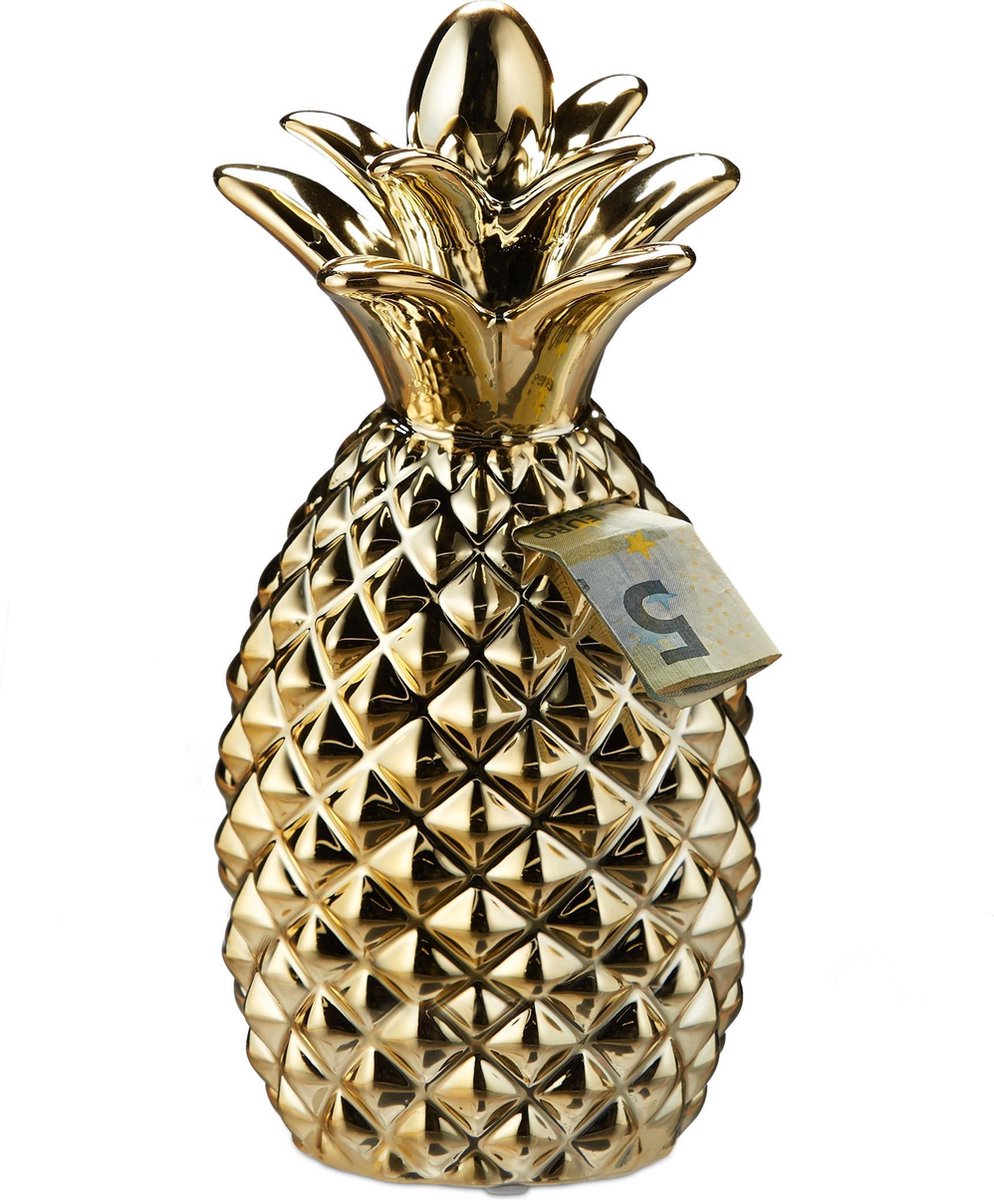 relaxdays spaarpot ananas - goud - spaarvarken - keramiek - decoratie - voor kinderkamer