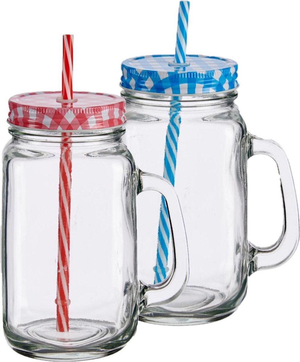 Set van 12x stuks glazen Mason Jar drinkbekers/drinkpotjes met gekleurde dop en rietje 700 ml - anti-lek drinkglazen