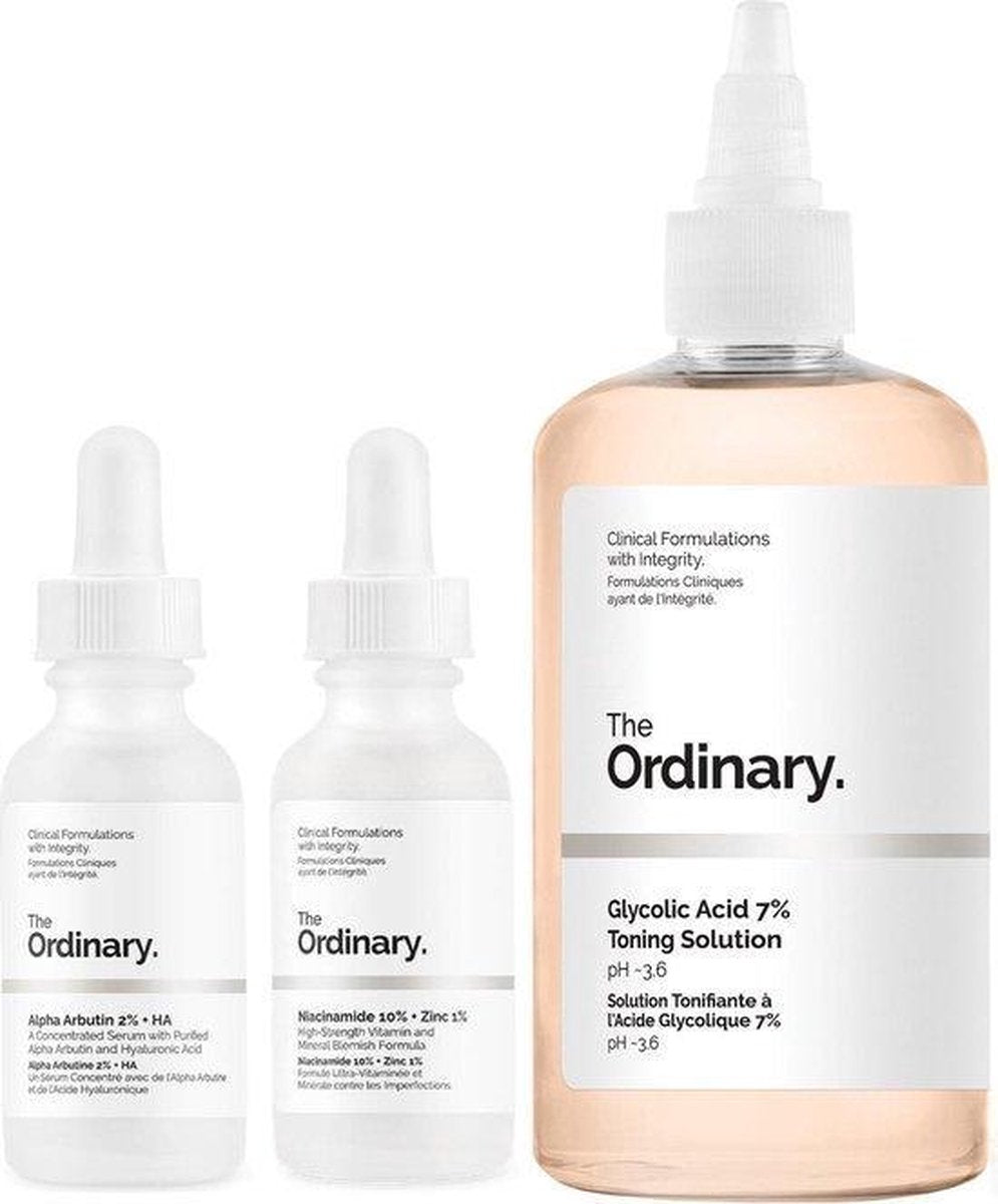 The Ordinary tripple skincare set | The Ordinary Niacinamide 10% + Zinc 1% | The Ordinary Glycolic Acid 7% Toning Solution Tonic | Alpha-Arbutin 2% + HA Gezichtsverzorgingsset | Tegen hardnekkige poriën
