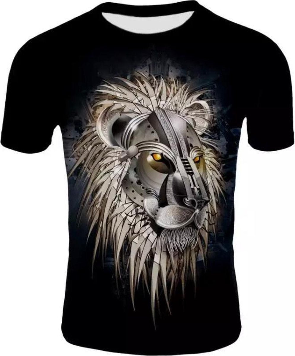 T-Shirt Zwart met Geometrische Leeuw - Maat XS - Tekenfilm T-Shirt
