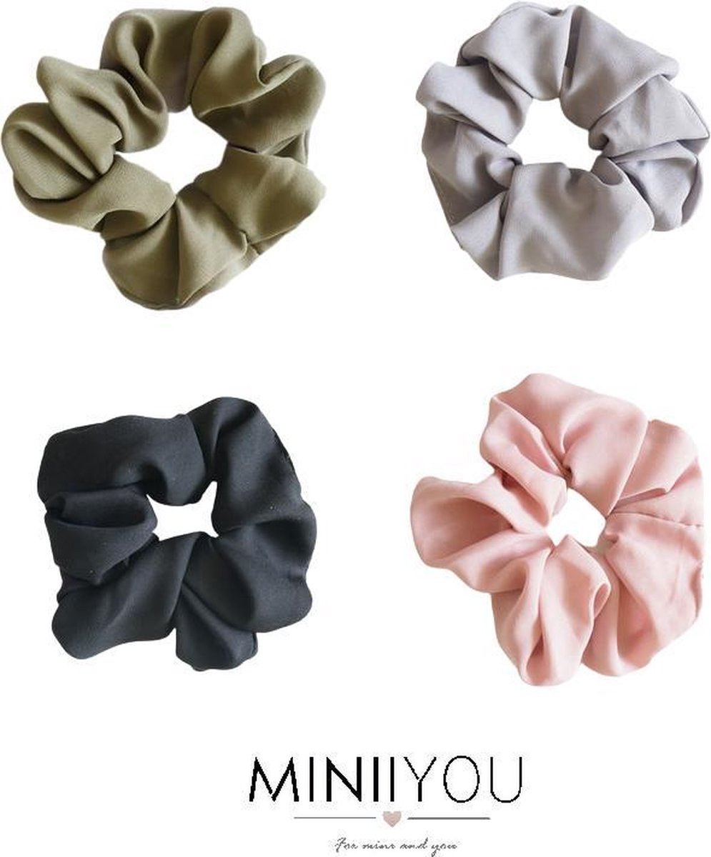 4-pack - Dames en meisjes effen haar scrunchies - zwart - blauw - roze - groen - haar wokkels