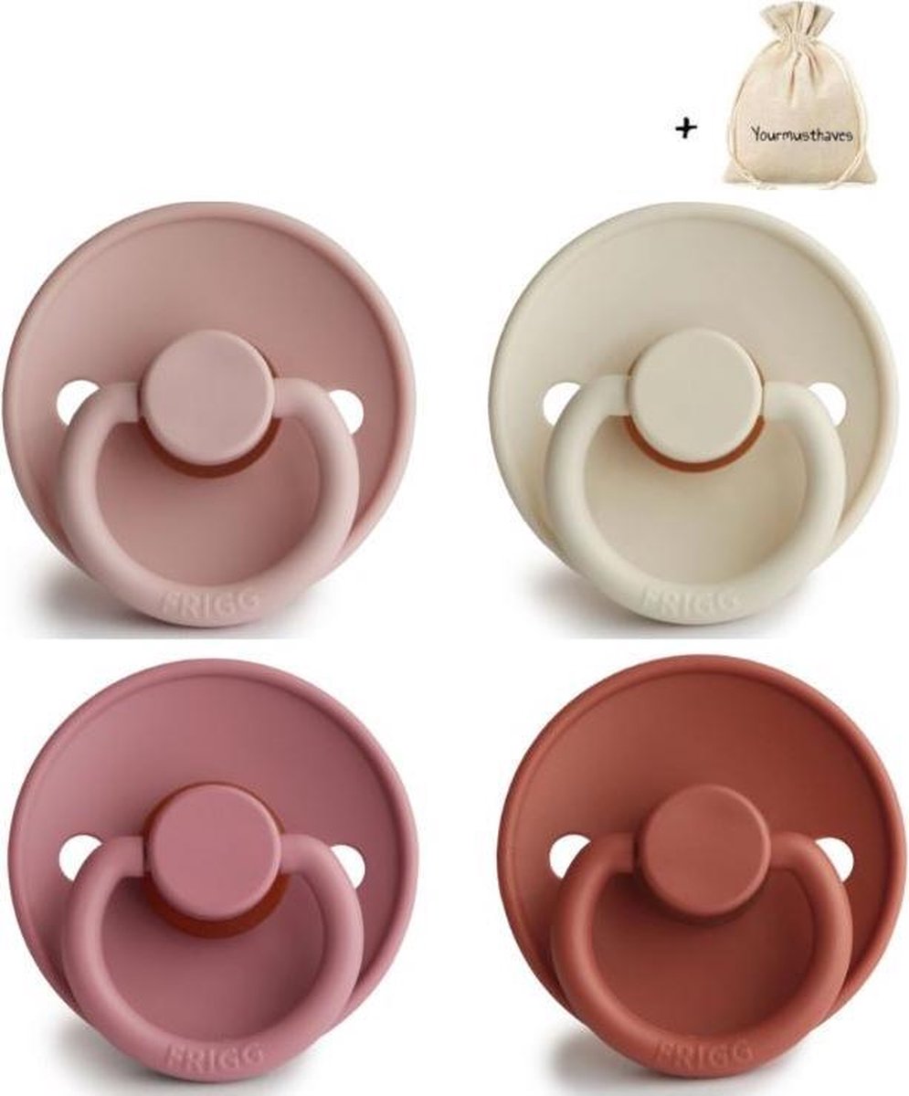 FRIGG | Fopspeen set 4 stuks | T2 | 6-18 maanden | Classic | Silicone| Blush + Cream + Dusty Rose + Baked Clay | Met YOURMUSTHAVES speenzakje
