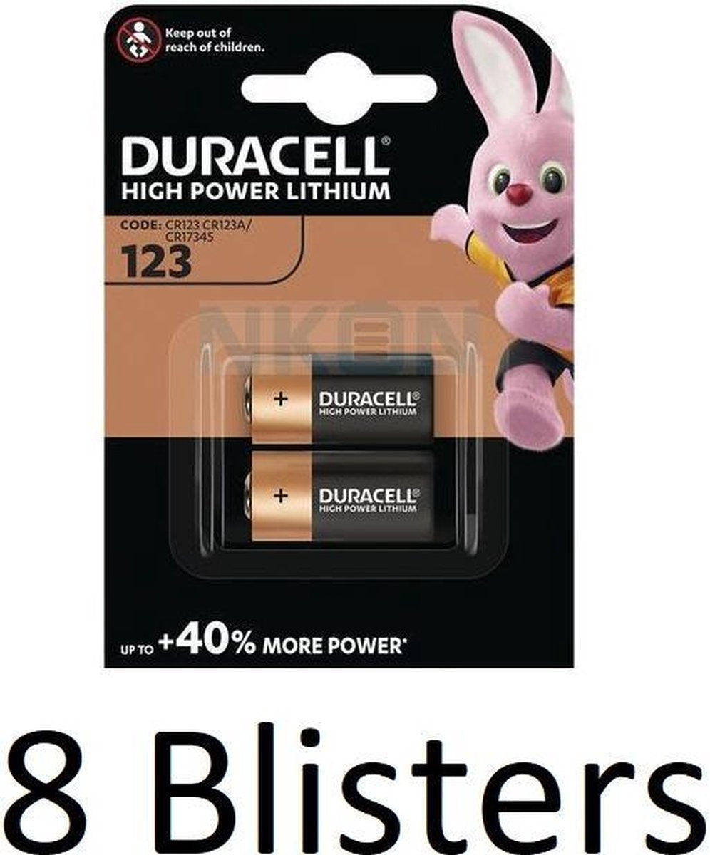 16 Stuks (8 Blisters a 2 st) Duracell Batterijen "123" Lithium