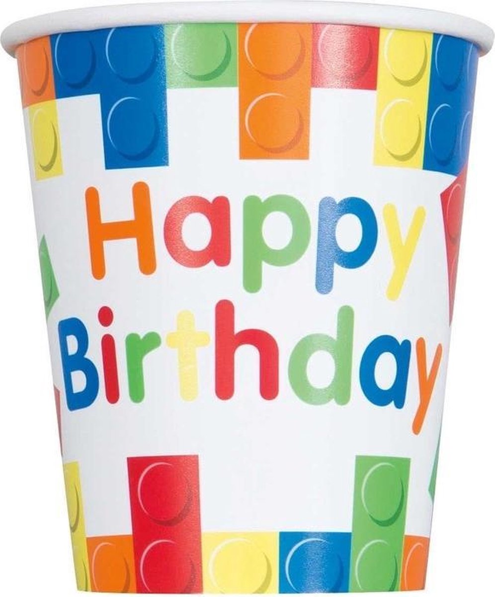 16x Bouwstenen/blokken thema bekertjes - Wegwerp servies - Bouwstenen/blokken kinderfeestje versieringen/decoraties