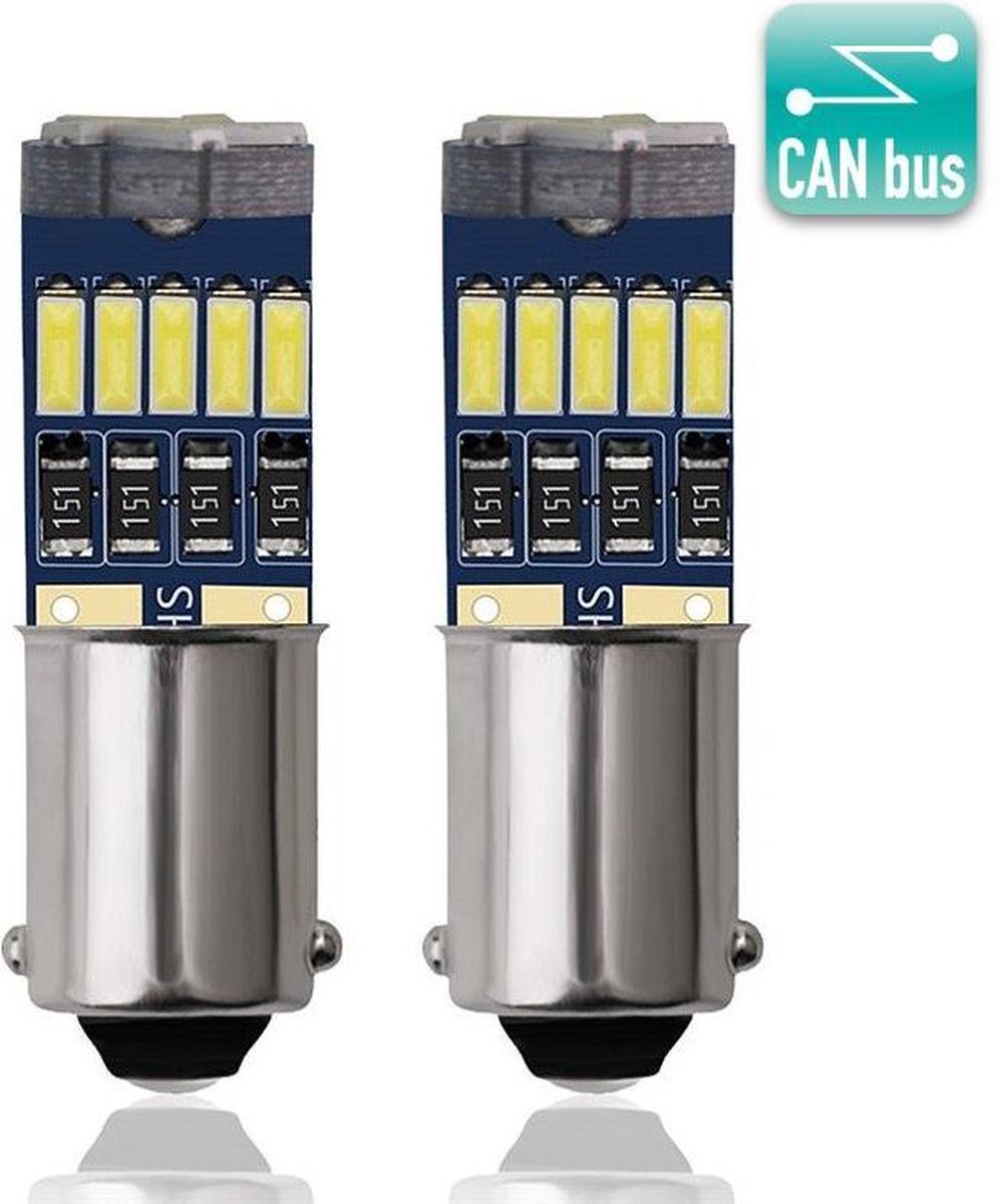 2 Stuks Autolampen BA9S T11 T4W - Led Signal Light - 12V - Knipperlicht - 4014  15  SMD Bright White - 6000k - Geen polarisatie