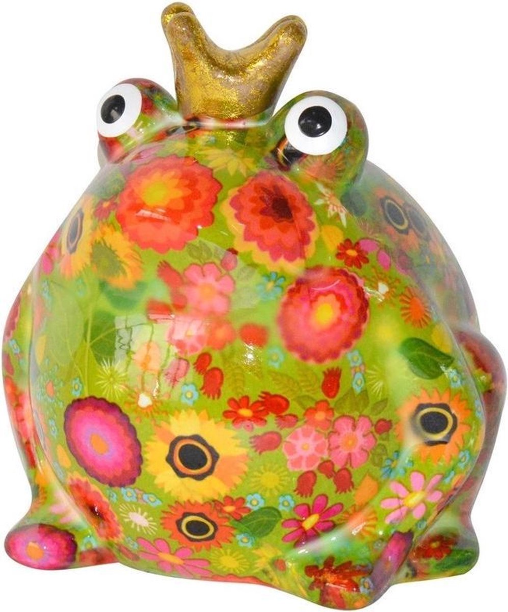 Spaarpot kikker met kroontje groen 16 cm - Porseleinen Pomme Pidou spaarpot met bloemen print