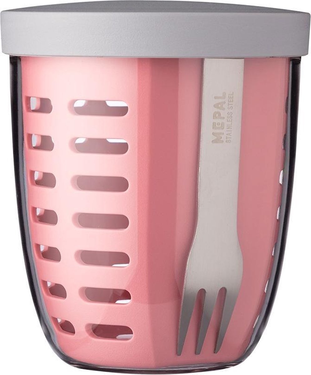 Mepal – Fruit-& Veggie pot Ellipse – Fruitbox voor onderweg - Nordic pink – voorzien van vergietje en RVS vorkje