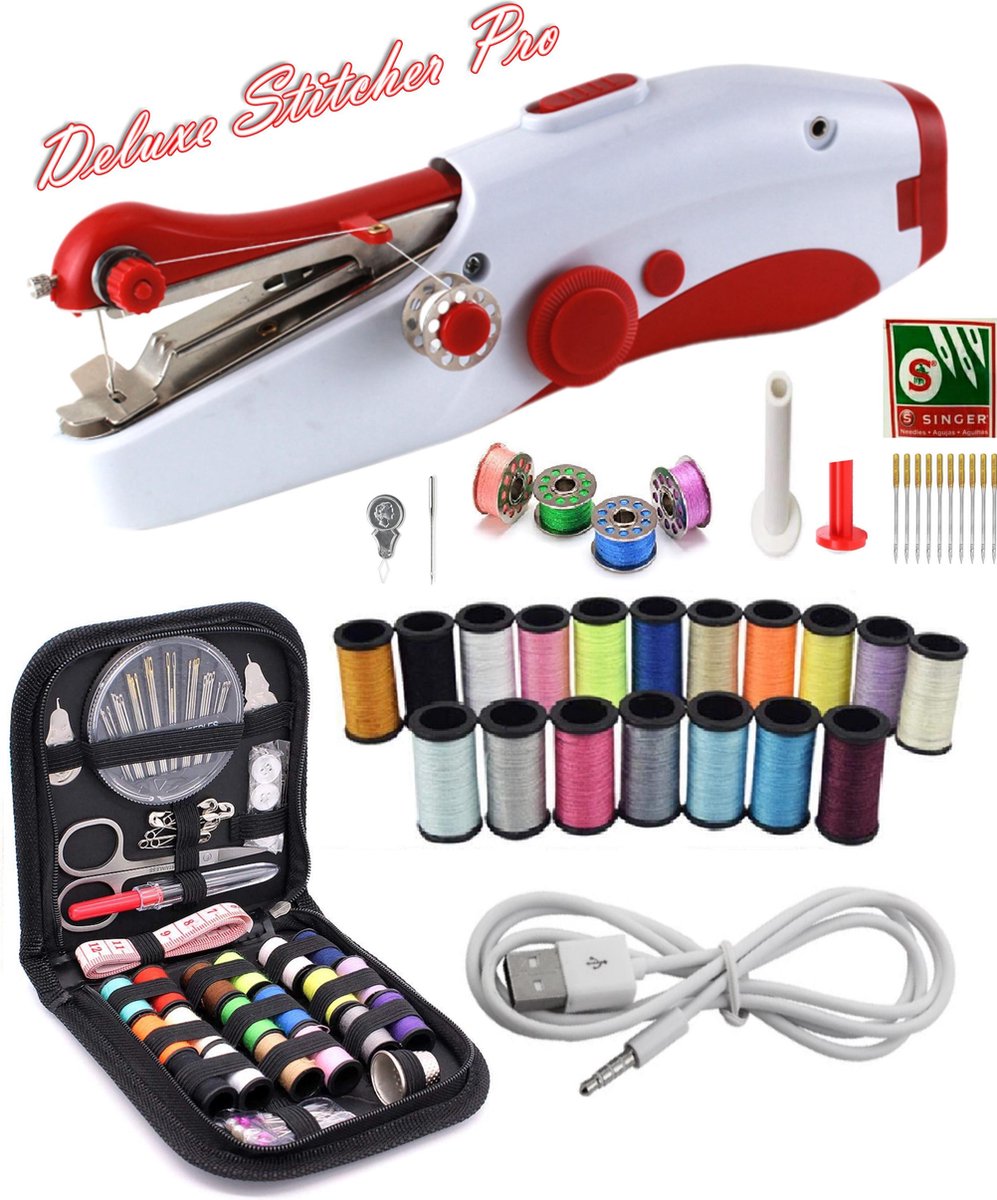 Deluxe Stitcher Pro - PREMIUM Handnaaimachine met USB Kabel en 90 Delige Starterskit - Incl. 11 Extra Reserve Naalden - Mini naaimachine - Compact - Draadloos - Draagbare Reis Hand Naaimachine - Elektrisch of op Batterijen