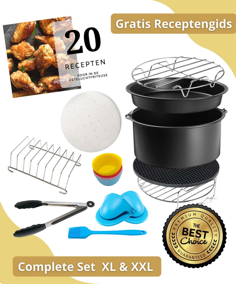 Onevida - Heteluchtfriteuse XL & XXL accessoireset | Complete Set | universeel | Incl e-book met 20 heerlijke recepten