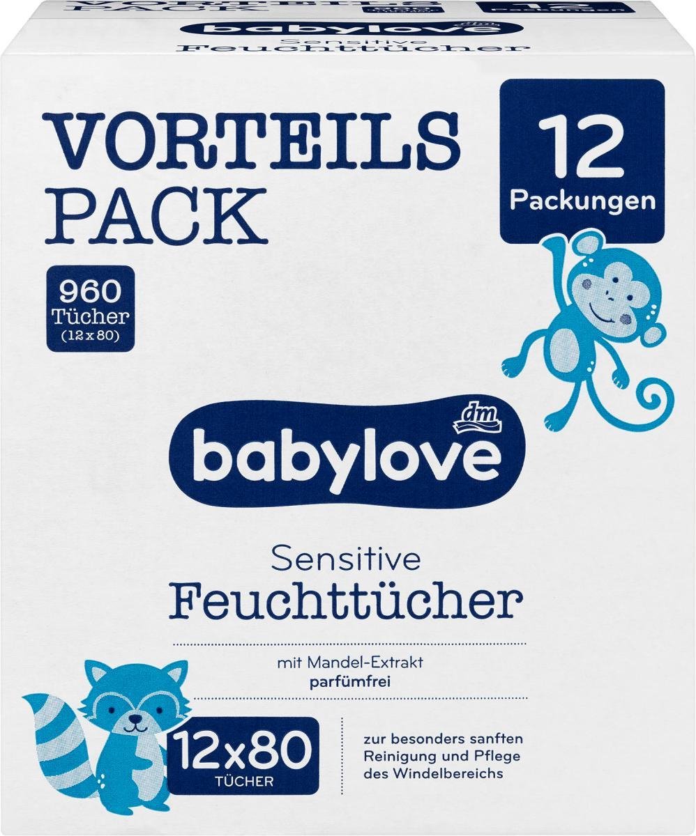Babylove Baby Billendoekjes 12x80 stuks - 960 stuks billendoekjes - Parfumvrij - Parfumvrije billendoekjes