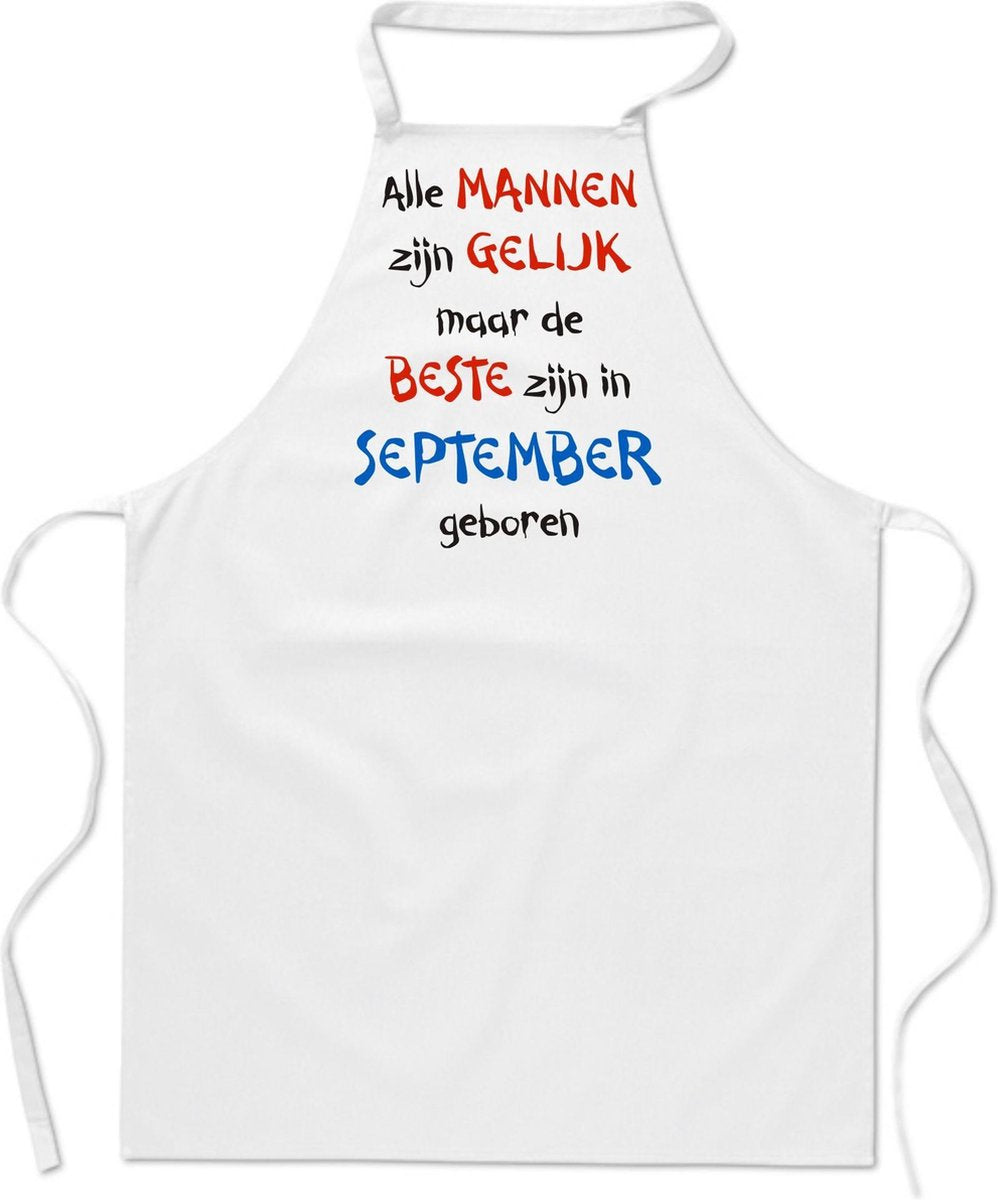 Mijncadeautje - keukenschort - wit - Alle mannen zijn gelijk - september