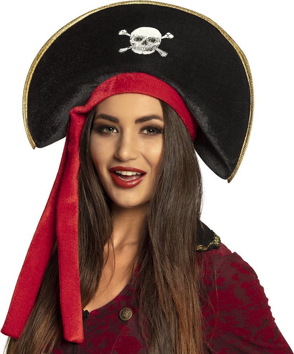 Zwarte Piraten hoed dames met doodskop.