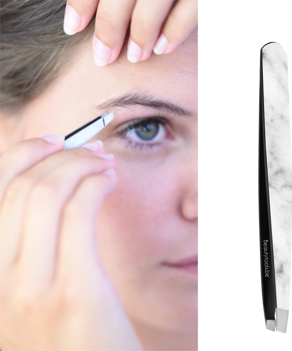 Beautytools Professional Slant Line Epileer Pincet/ Tweezer Voor Wenkbrauwen: White Marble  - Schuine Punt - (BT-1864)