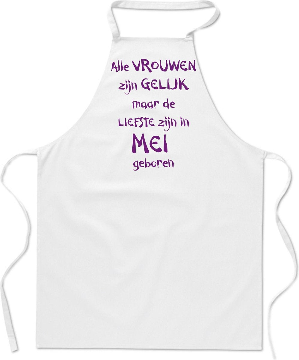 Mijncadeautje - keukenschort - wit - Alle vrouwen zijn gelijk - mei