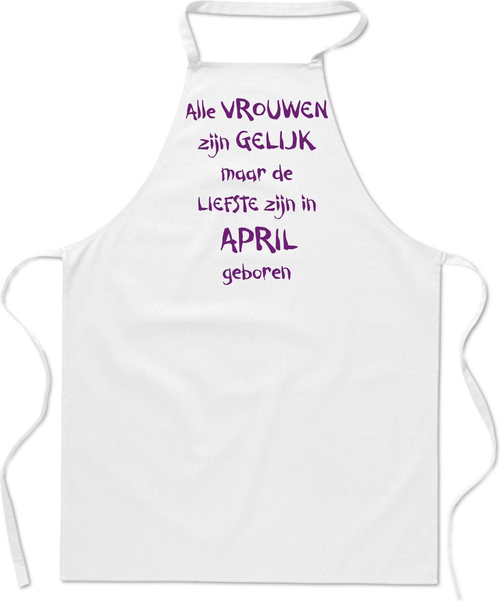 Mijncadeautje - keukenschort - wit - Alle vrouwen zijn gelijk - april