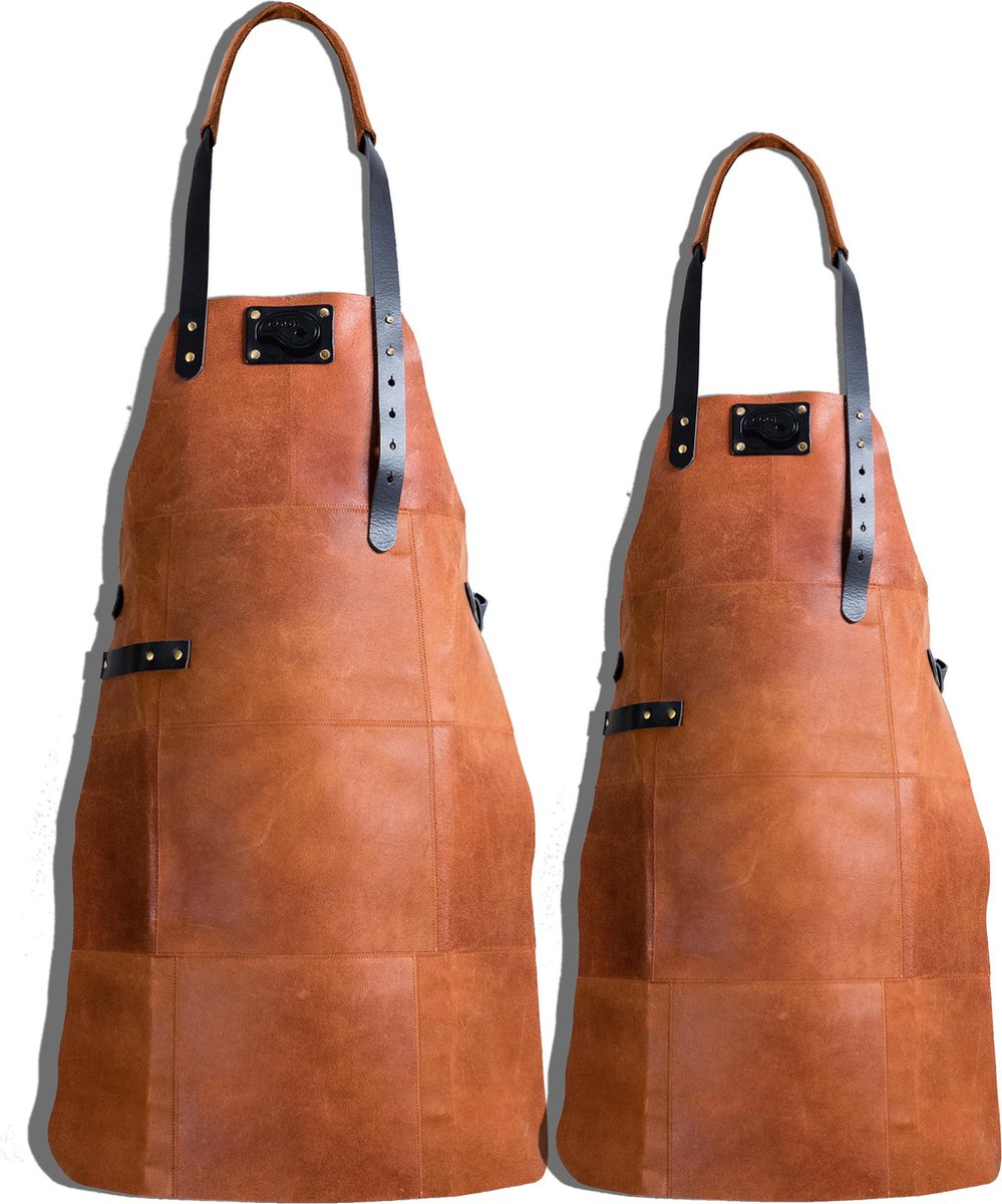 Leren Schort Luxe – Man + Kind - Barbecueschort - Lederen Schort – LICHT BRUIN (Cognac) - Kokschort - Kookschort - BBQ Schort – 81 x 56 cm Man + 66