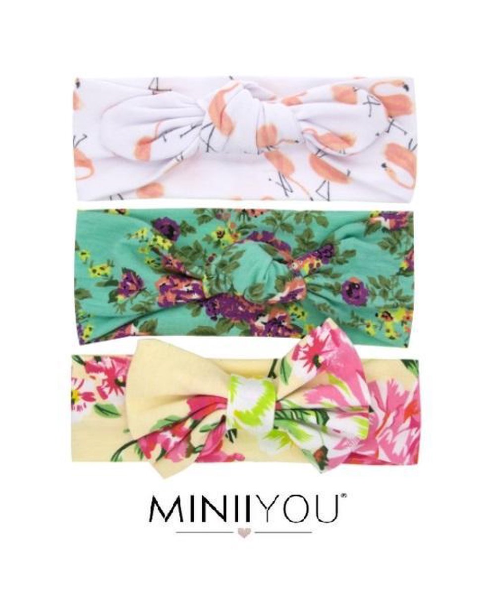 SET per 3 stuks Baby haarbandjes flamingo 6-24 maanden | dreumes haarbandjes | baby hoofdband | Meisjes haarband met strik | Bloemenprint - gebloemd
