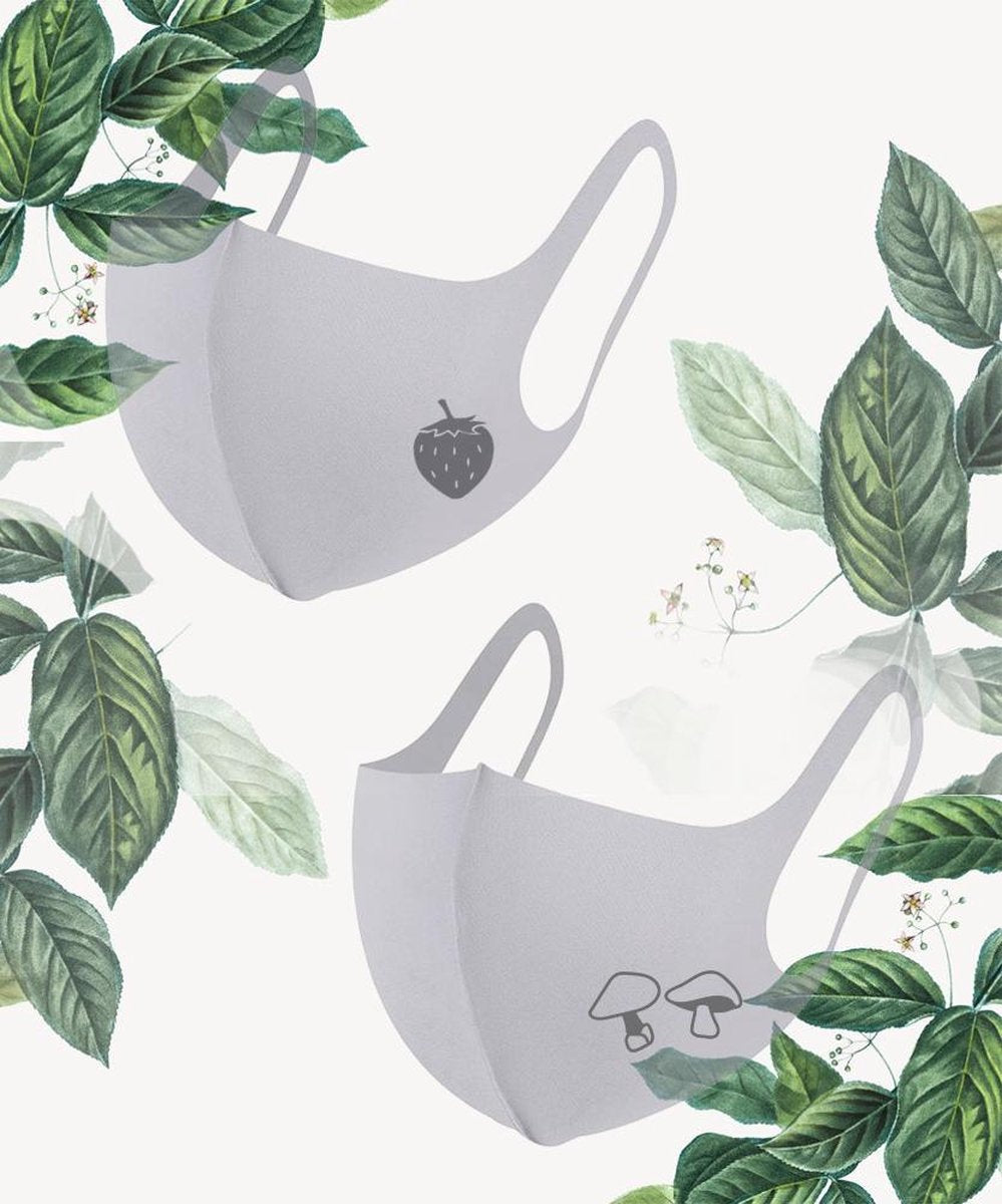 2x Niet-Medische Mondkapjes Wasbaar Licht Grijs Botanisch Planten | Paddestoelen Aardbei Fruit Minimalistisch | Stijlvol | Budget cadeau voor haar | Geschikt voor OV | Draagcomfort | Duurzaam |