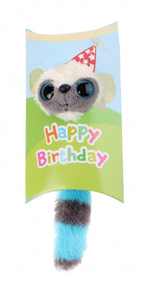 knuffel in geschenkverpakking Happy Birthday 9 cm blauw