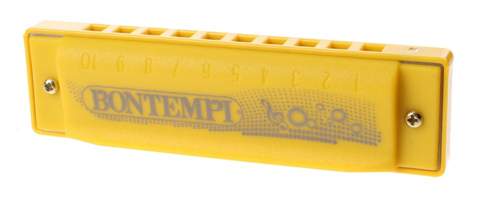 mondharmonica in opbergdoos 10 tonen 10 cm geel