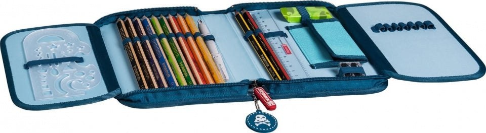 etui Piraat 2-vaks gevuld oranje/blauw 16-delig