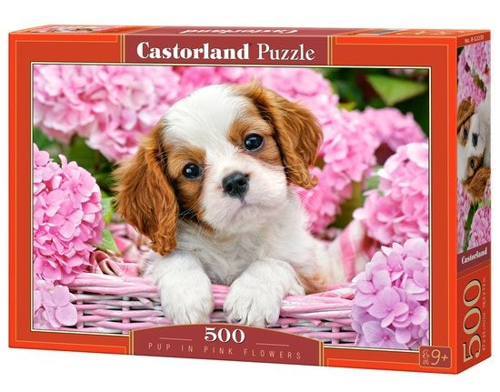 legpuzzel Pup in pink flowers 500 stukjes