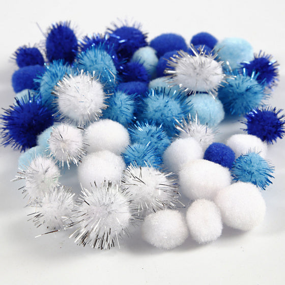 decoratiepompoms 15-20 mm blauw/wit 48 stuks