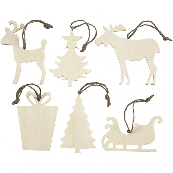 houten ornamenten 7-9 cm blank 6 stuks