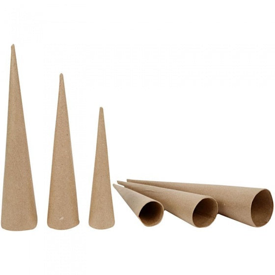 kegels papier-maché 20-25-30 cm bruin 3 stuks