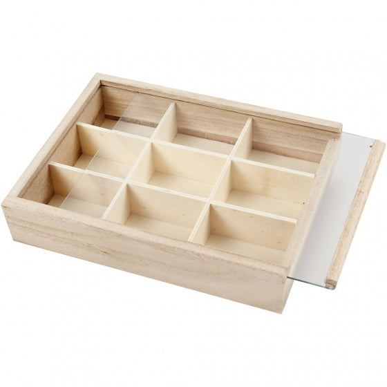 opbergdoos met 9 vakken 17 cm hout/glas
