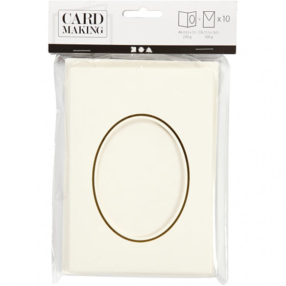 Passepartout kaarten ovaal met envelop 15 cm wit/goud