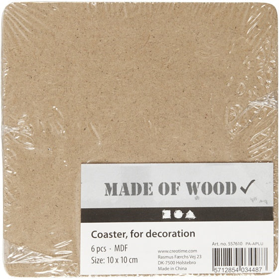 vierkante onderzetters 6 stuks 10 cm blank hout