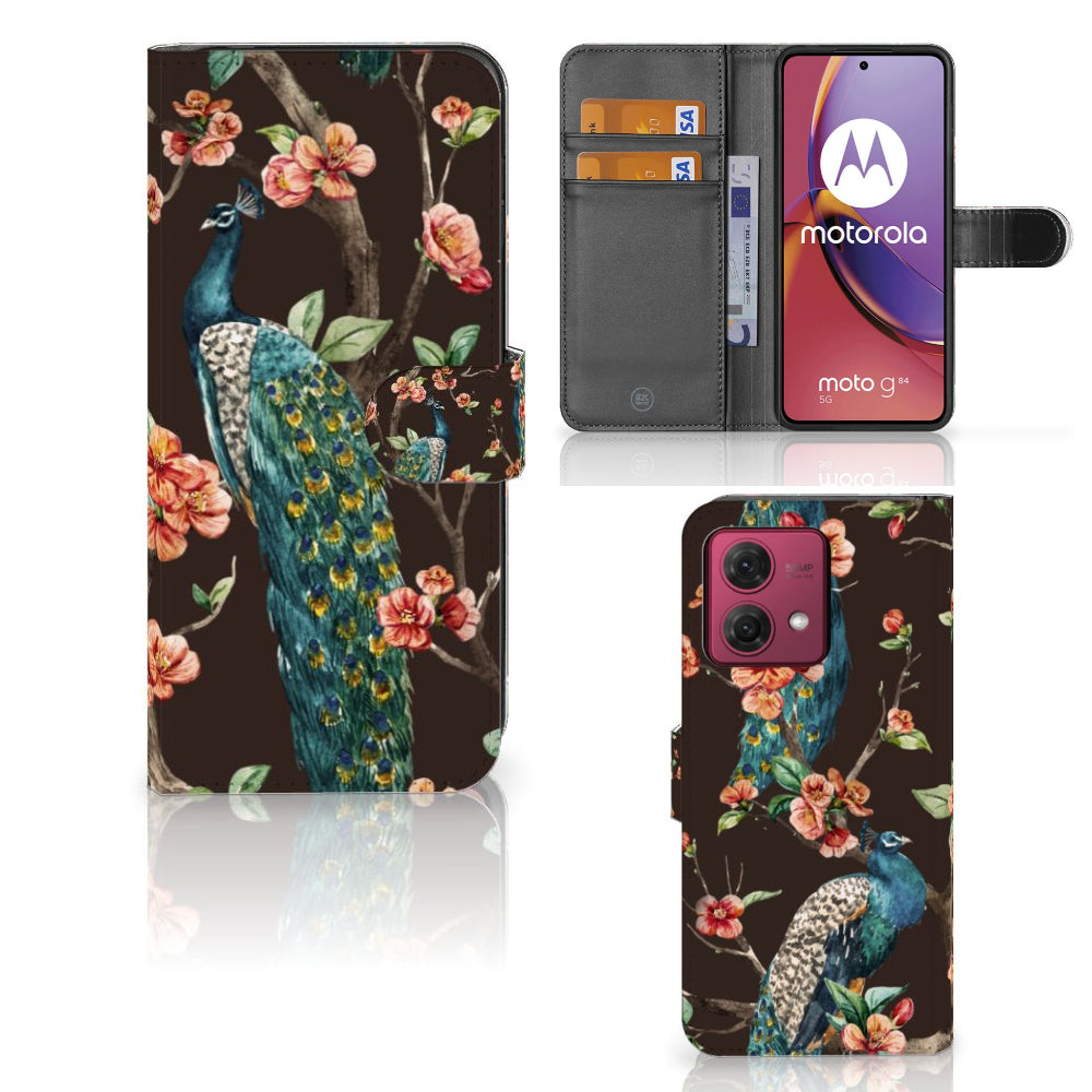 Motorola Moto G84 | Telefoonhoesje | Met pasjeshouder | Pauw met Bloemen
