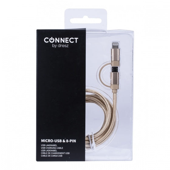 2-in-1 laadkabel micro-USB + 8 pin 150 cm goud