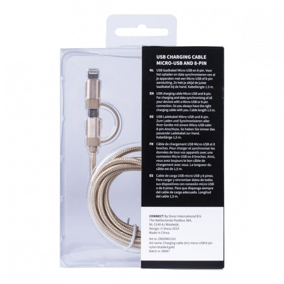 2-in-1 laadkabel micro-USB + 8 pin 150 cm goud