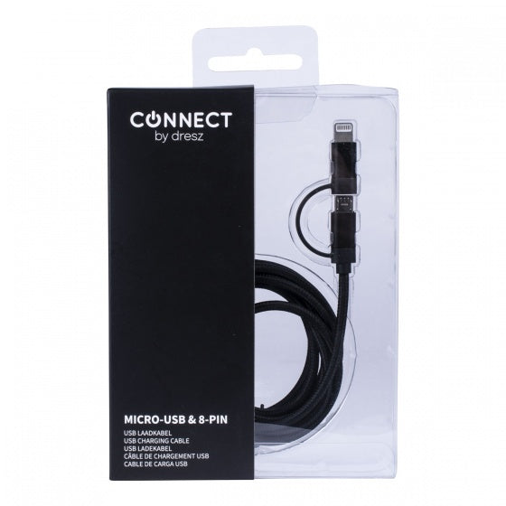 2-in-1 laadkabel micro-USB + 8 pin 150 cm zwart