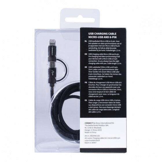 2-in-1 laadkabel micro-USB + 8 pin 150 cm zwart