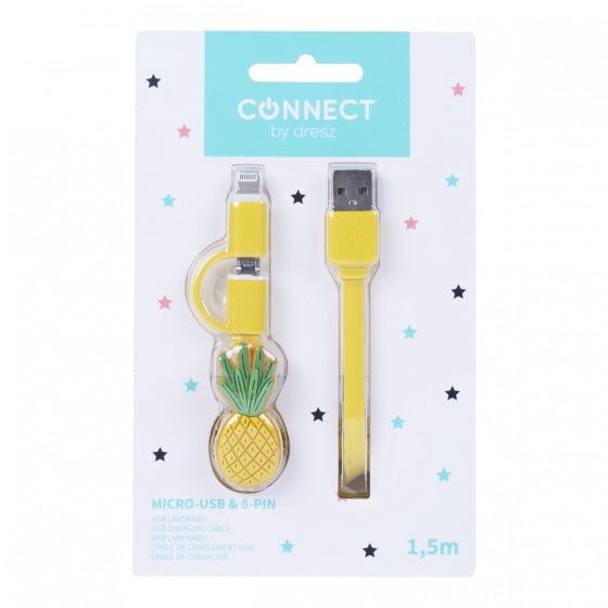 laadkabel ananas 2-in-1 Mic-USB 8-pin geel
