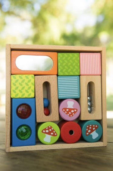 Blokkendoos hout met spiegel belletjes multicolor 18 cm